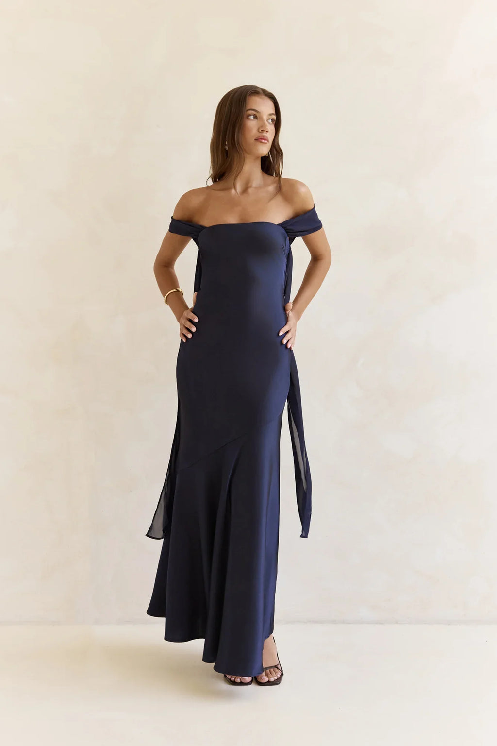 Late Night Dreams Off Shoulder Satin Maxi Dress Navy