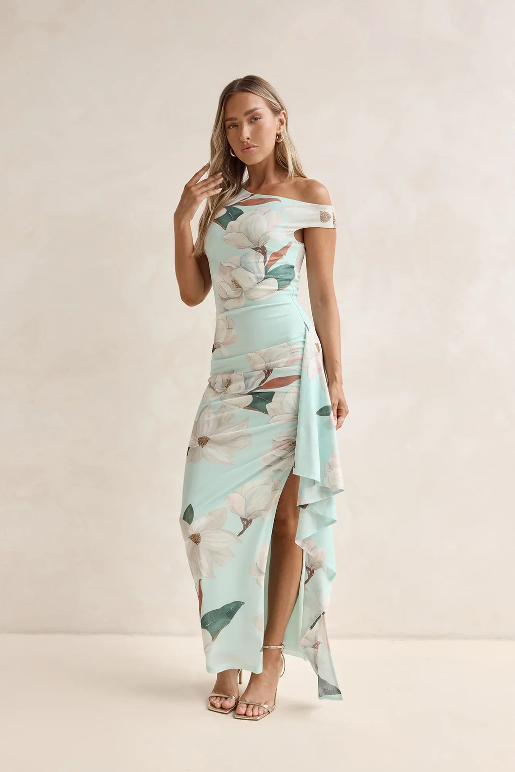 Case Of Flowers Off Shoulder Mesh Maxi Dress Mint