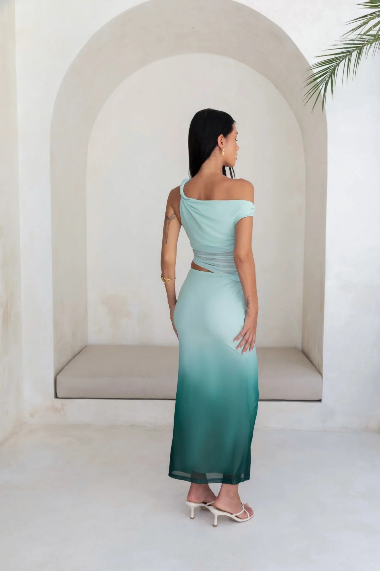 Soft Shades Off The Shoulder Mesh Maxi Dress Green