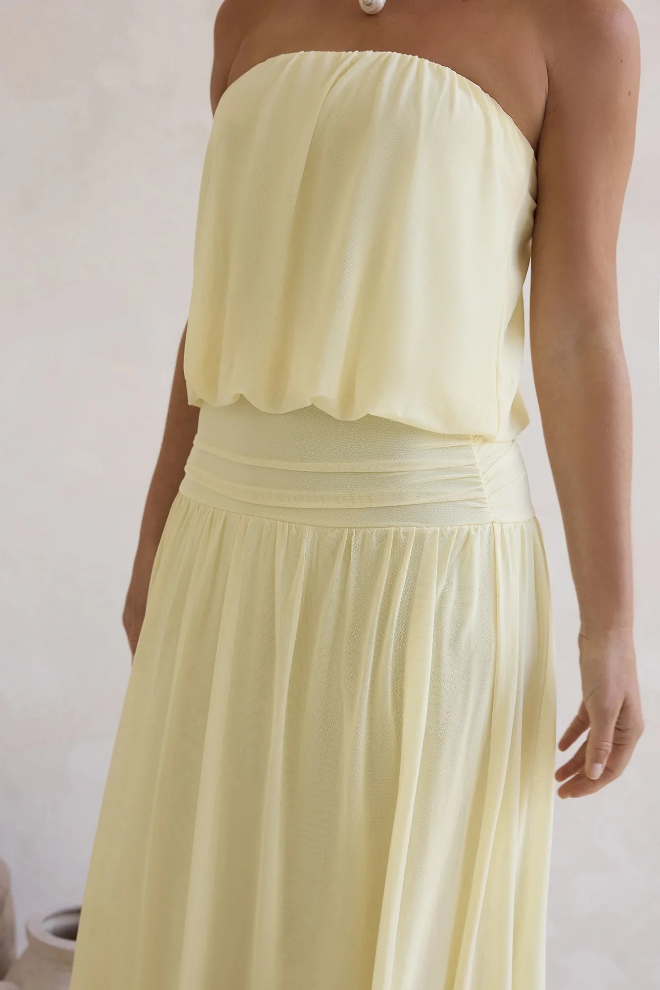 Calling Me Mesh Strapless Maxi Dress Yellow
