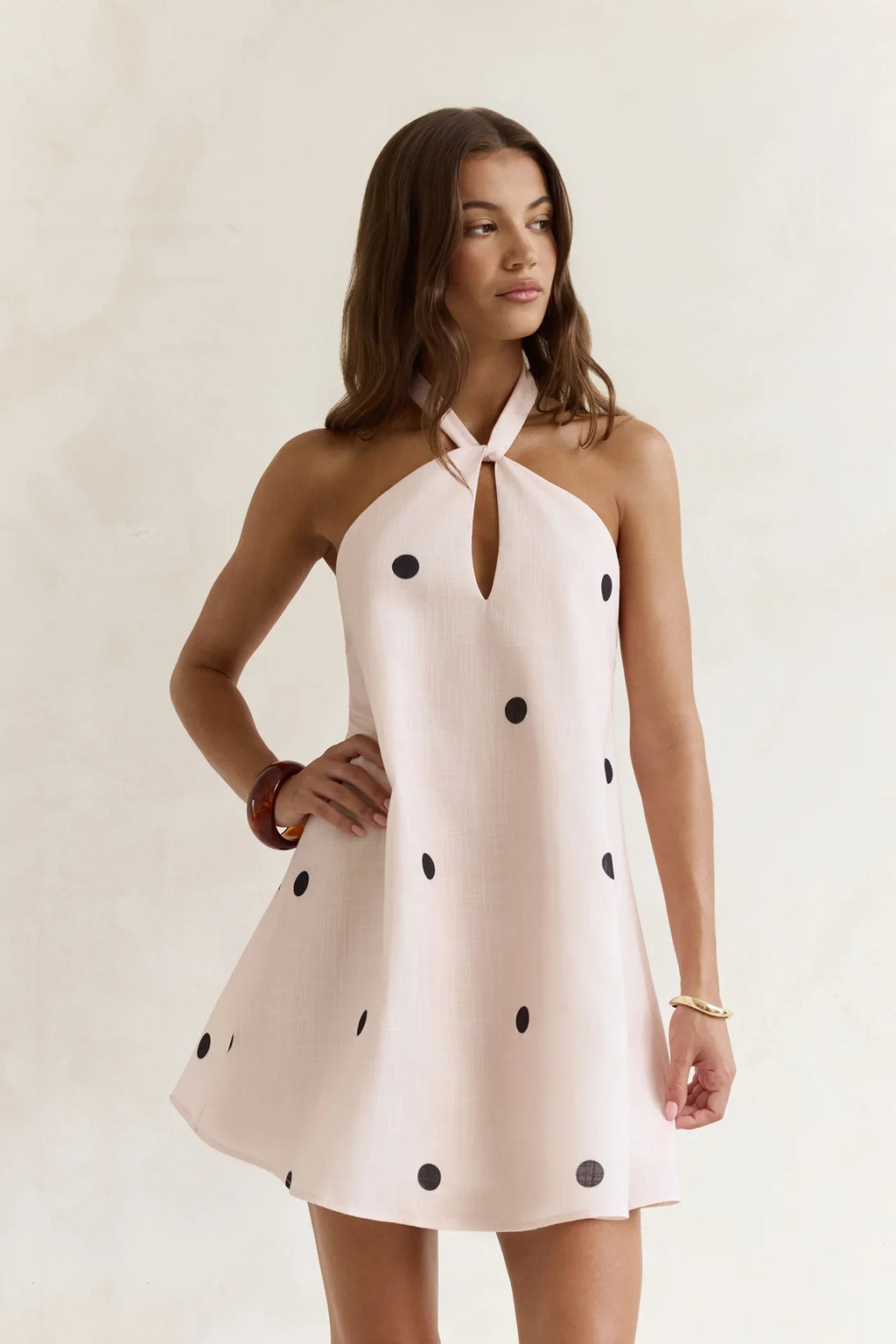 Faith In You Polka Dot Halter Mini Dress Beige