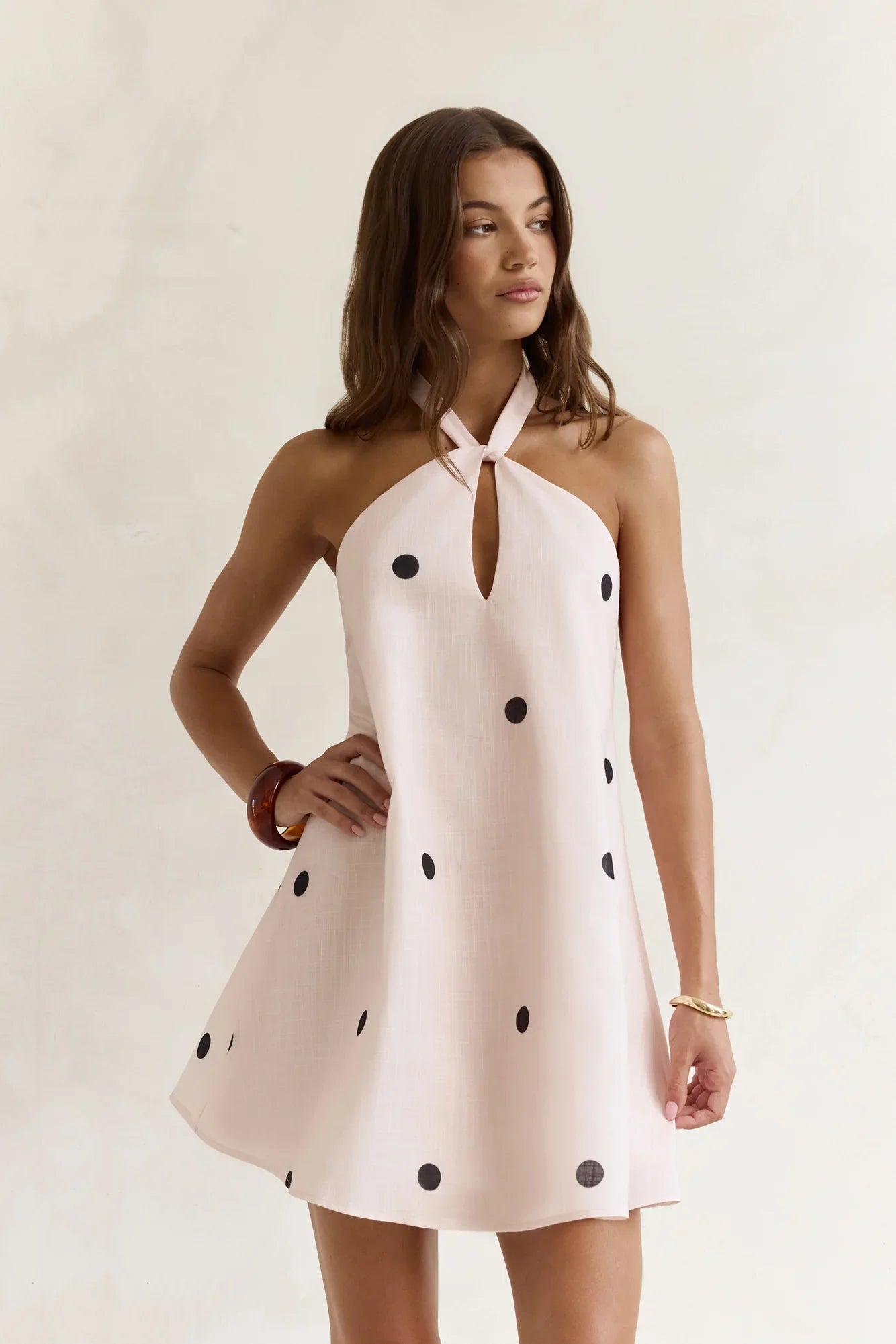 Faith In You Polka Dot Halter Mini Dress Beige