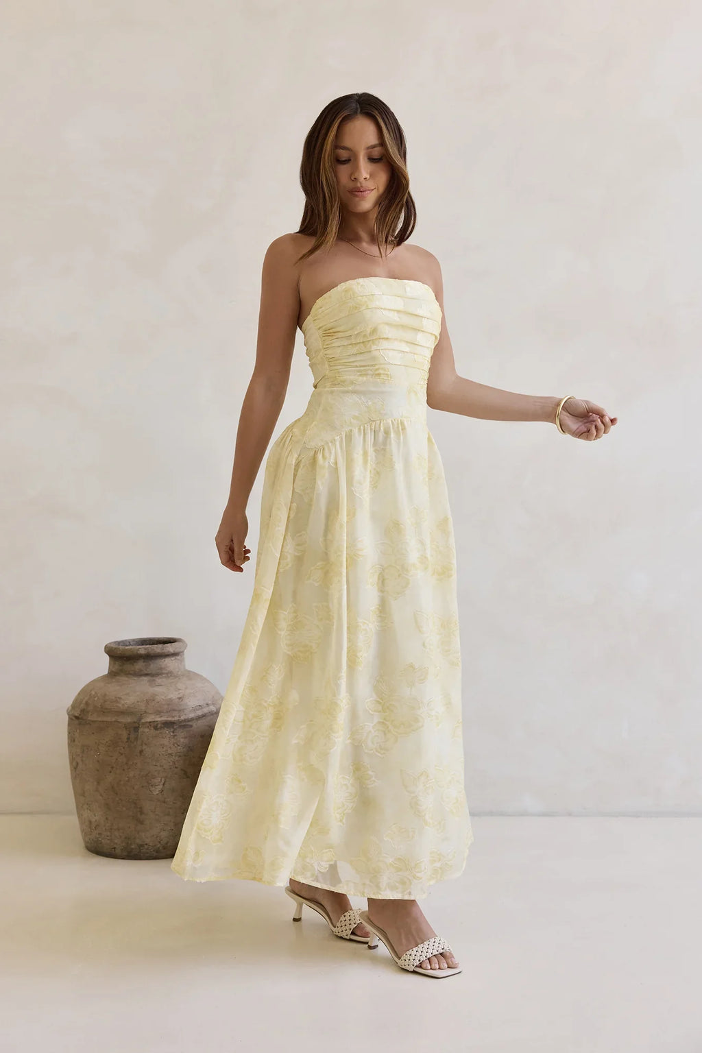 Cloud Kissed Paths Strapless Maxi Dress Yellow