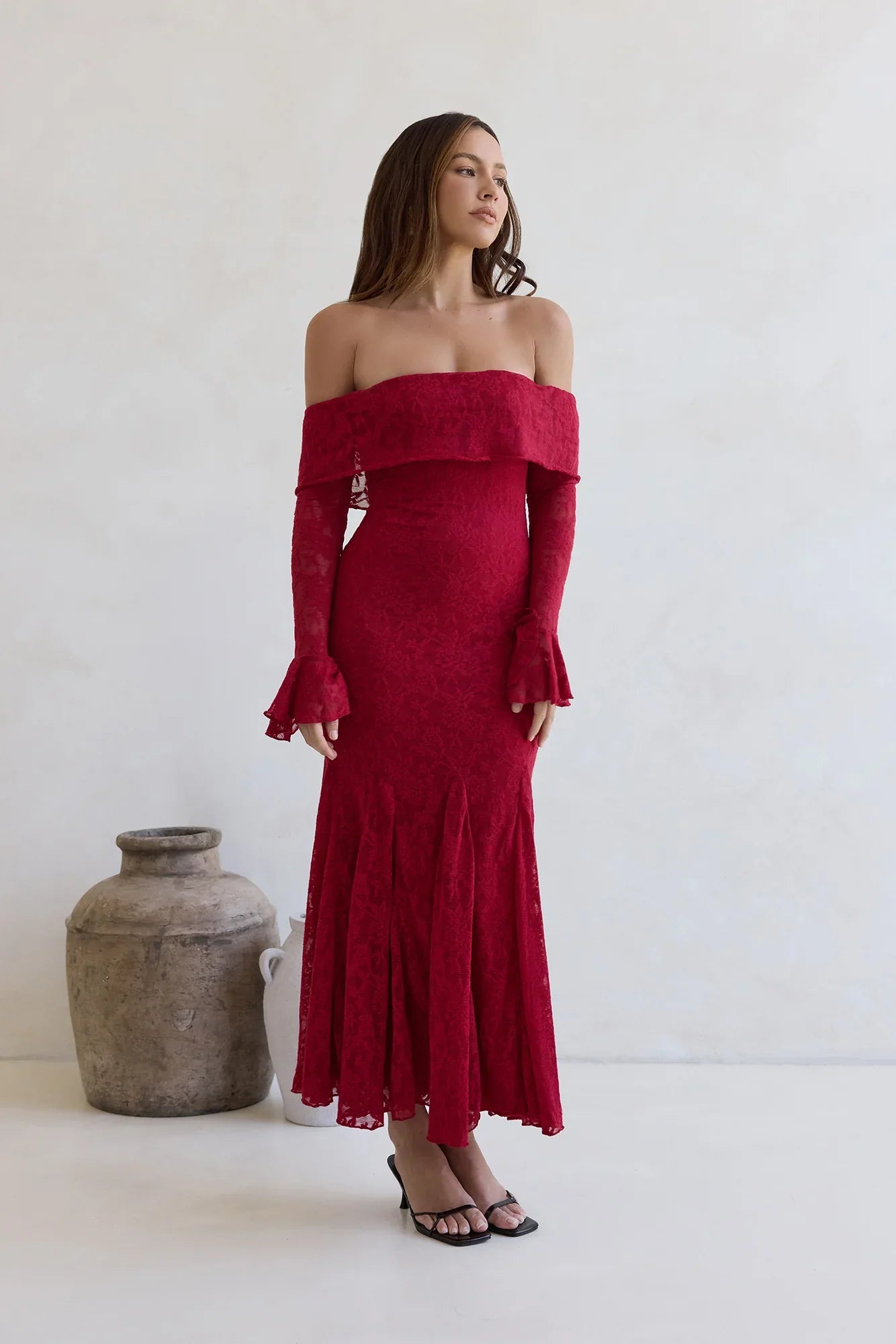 Here For Love Off Shoulder Mesh Maxi Dress Red