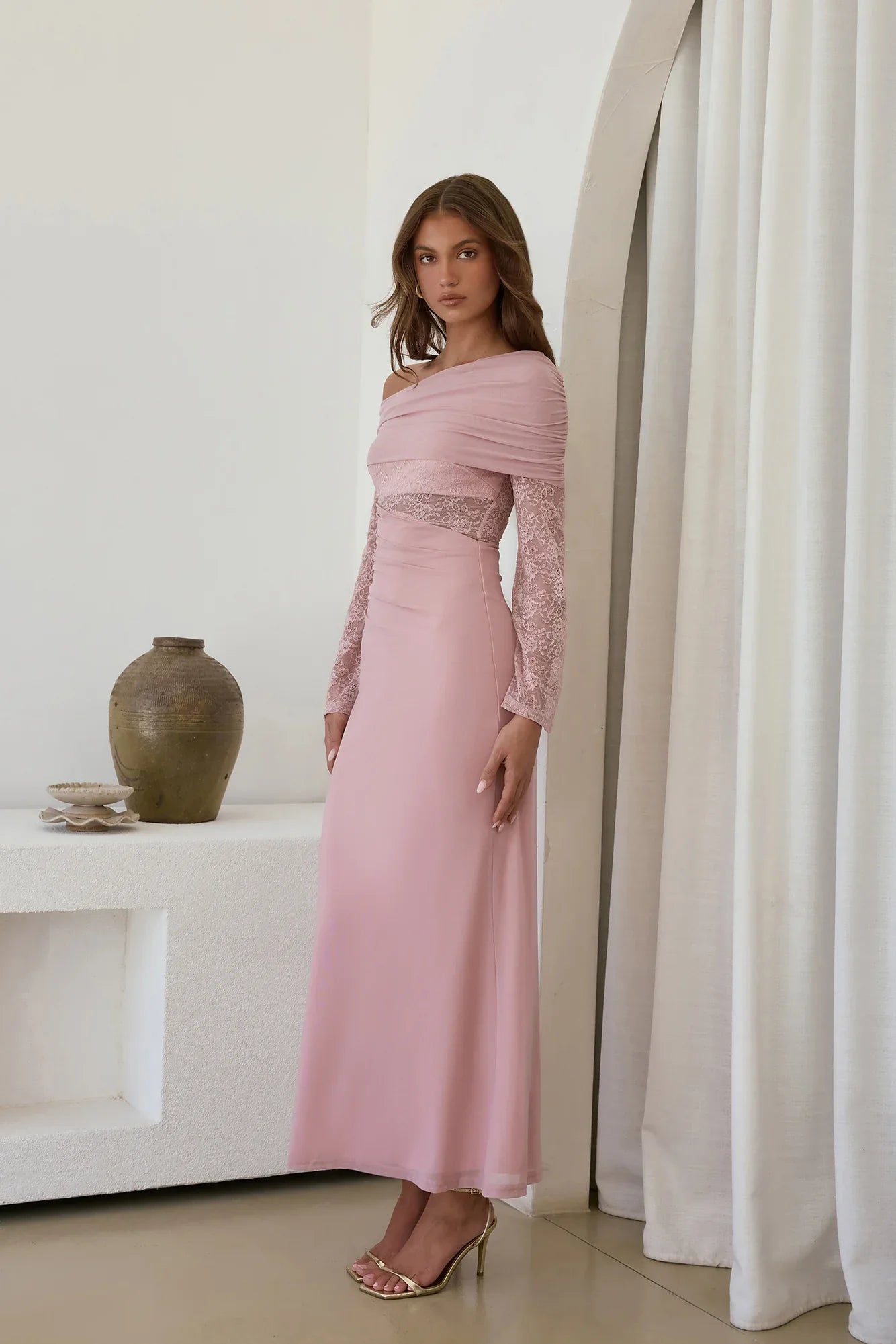 Camille Off Shoulder Mesh Maxi Dress Pink