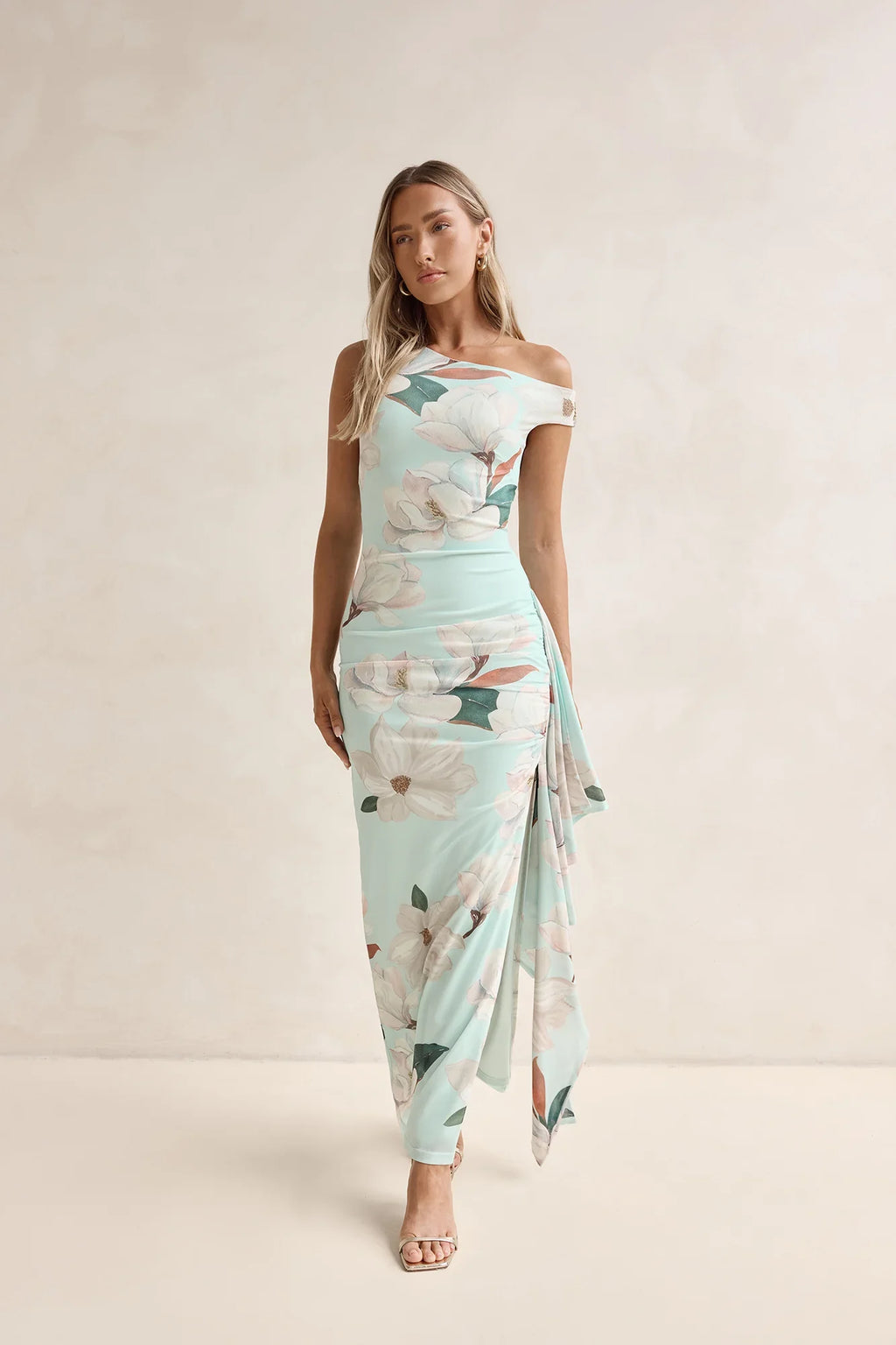 Case Of Flowers Off Shoulder Mesh Maxi Dress Mint