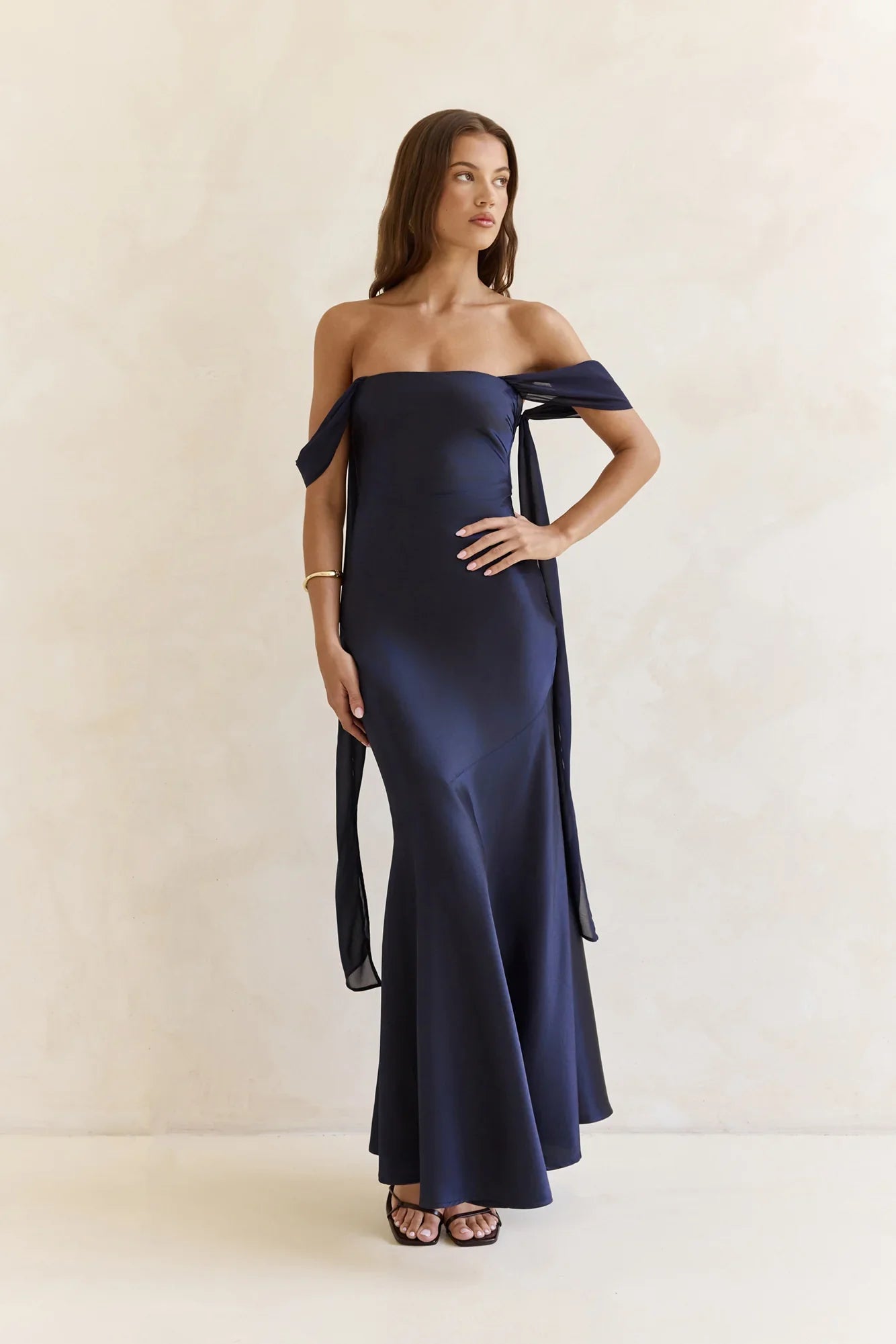 Late Night Dreams Off Shoulder Satin Maxi Dress Navy