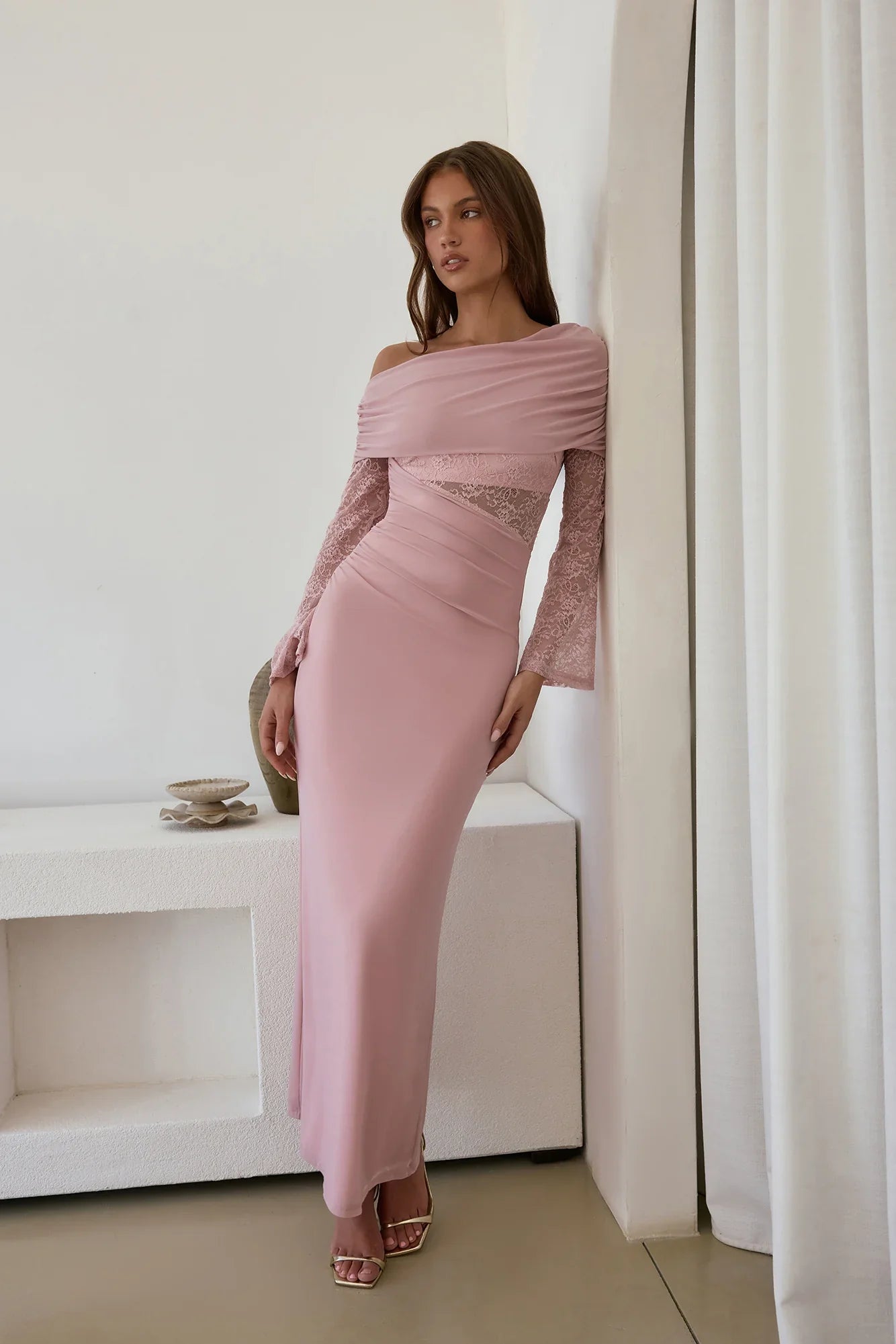 Camille Off Shoulder Mesh Maxi Dress Pink