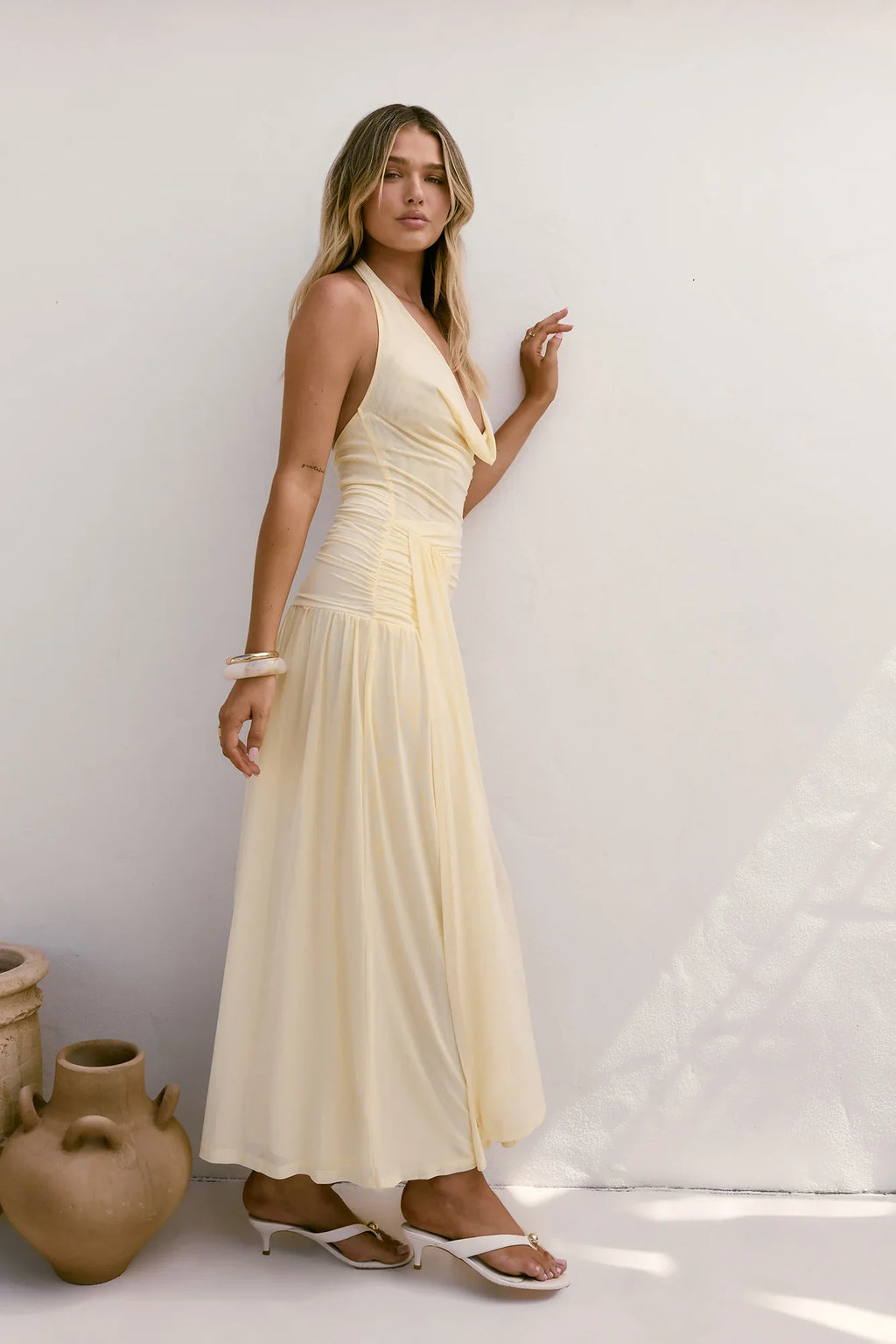 Dancing Skies Mesh Halter Maxi Dress Yellow