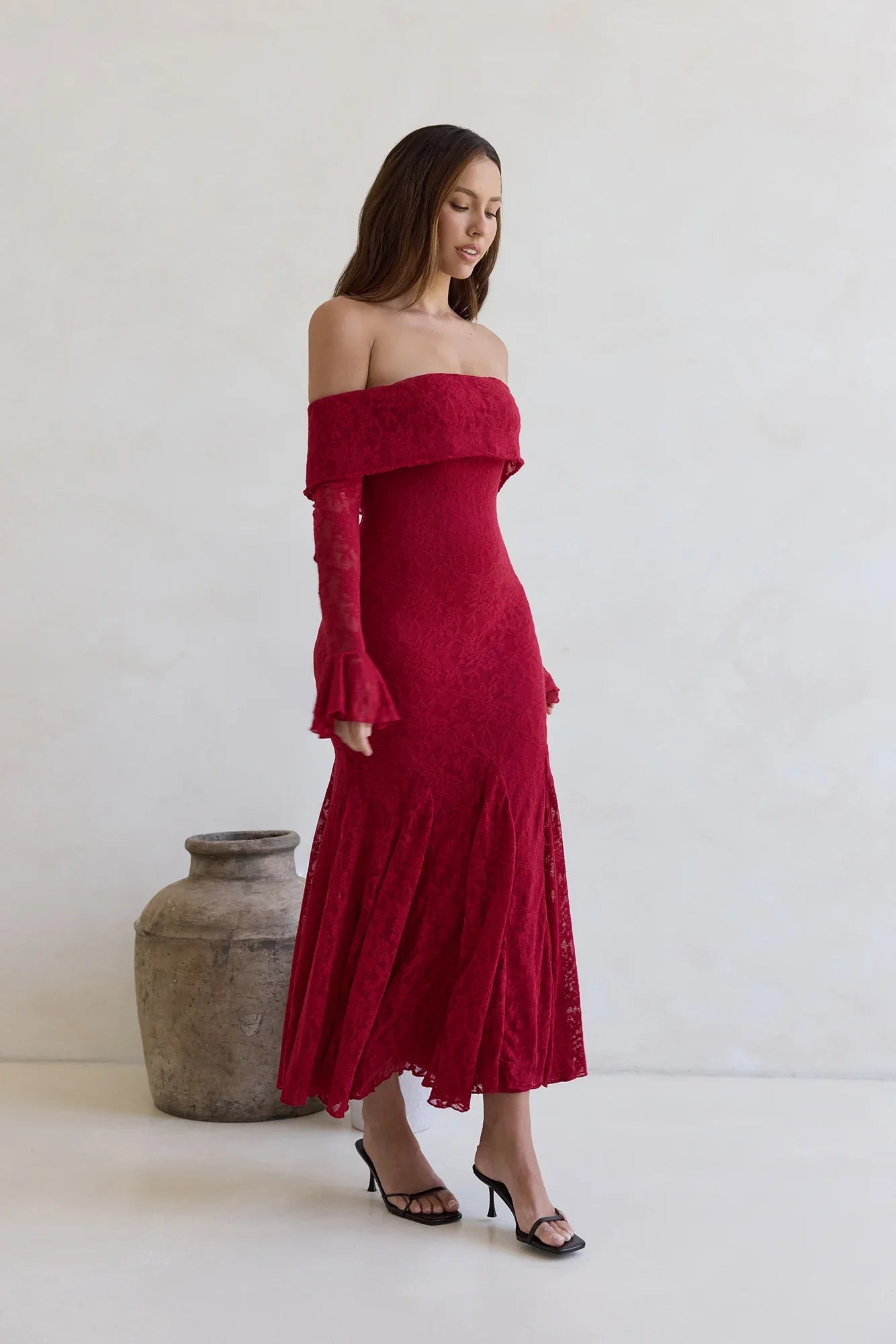 Here For Love Off Shoulder Mesh Maxi Dress Red