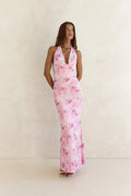 Blooming Loves Mesh Halter Maxi Dress Pink